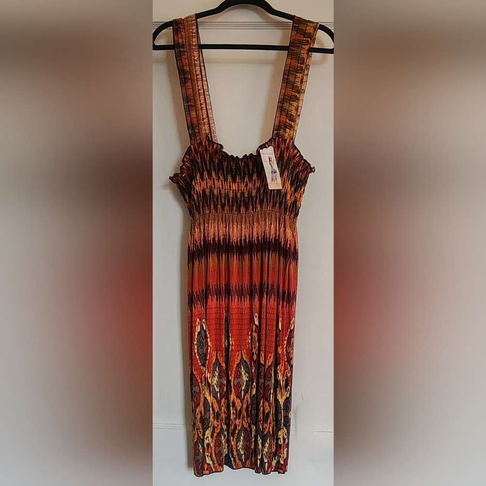 WinWin Smocked Sundress in Rust Orange and Brown Fits S-M